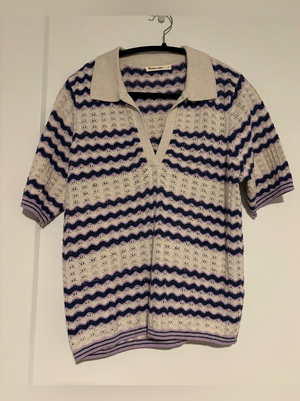 Marine Layer Cotton Women’s Striped Knit Polo Sweater in Cream and Purple